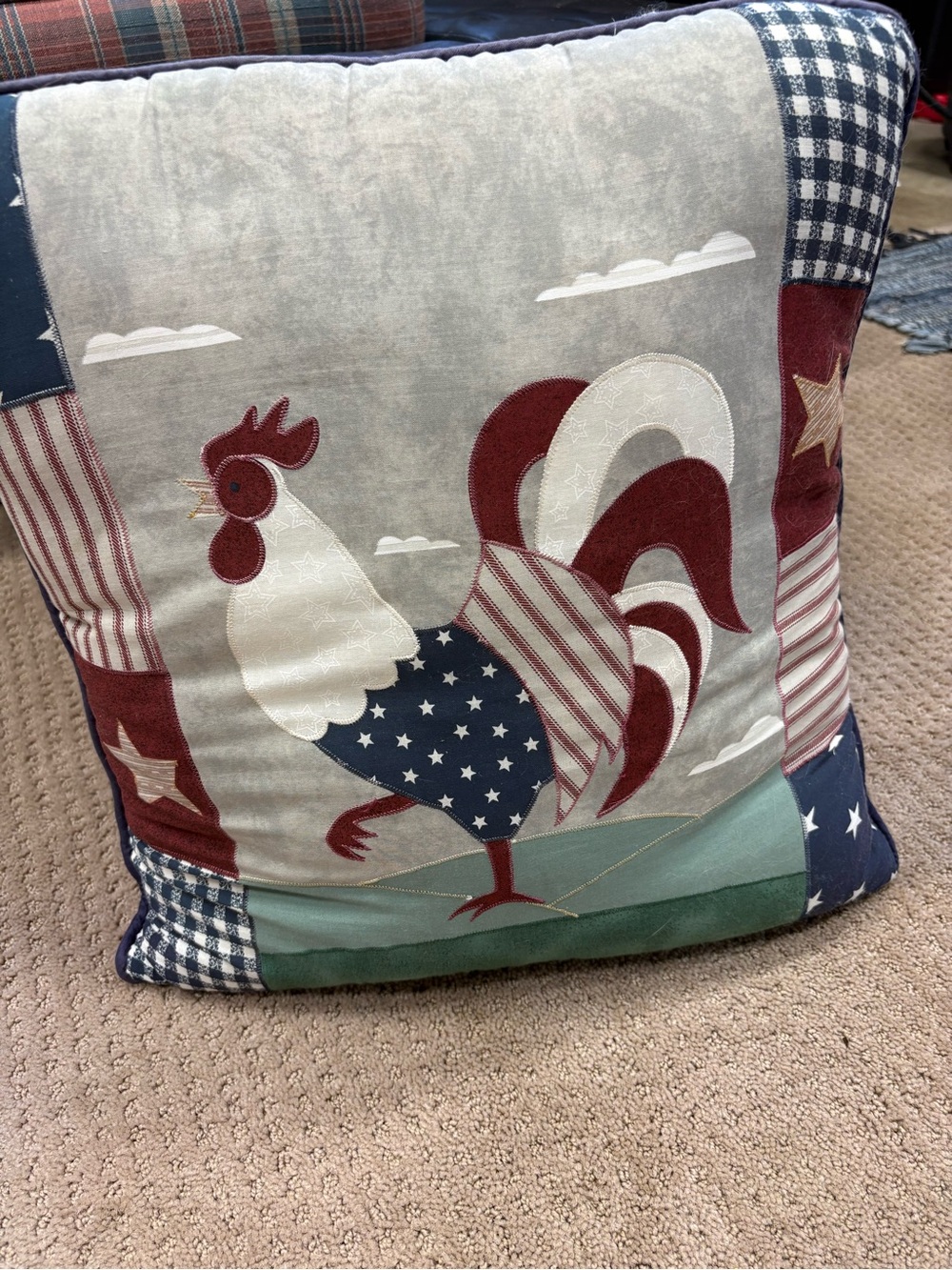 Americana Rooster Accent Pillow - Cream, Navy & Red